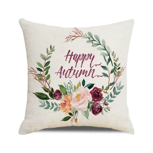 Detailed view of Happy Autumn floral wreath print on cream cotton linen pillow case