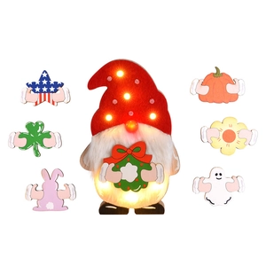 LED Wooden Gnome Ornament With Interchangeable Accessories For Christmas Halloween Easter Independence Day Home Festive Decor