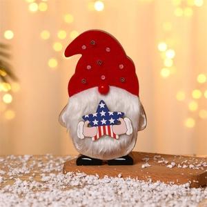 Lighted Independence Day gnome with rustic wooden base and star-spangled banner accents