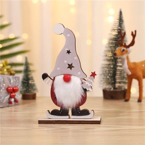 Lighted Christmas wooden gnome decoration with star pattern hat and skis for holiday decor