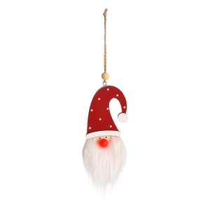 Lighted Christmas gnome ornament with red polka dot hat and glowing LED nose for tree decor