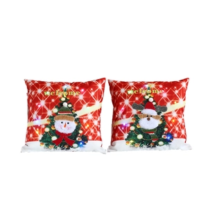 Pair of festive LED lighted Christmas pillows with snowman, reindeer and Welcome text