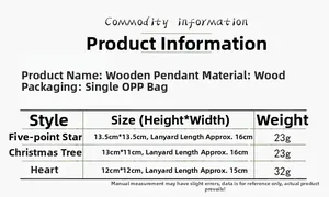 Size chart showing wooden star, tree, and heart ornaments with specific dimensions