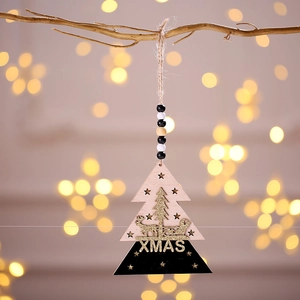 Elegant wooden Christmas tree ornament with gold glitter reindeer and XMAS cutout text