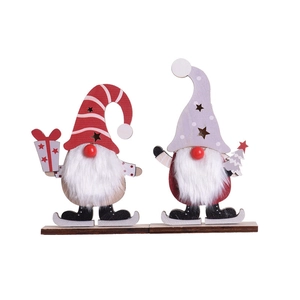 Set of two glowing Christmas gnome wooden ornaments on skis with star cutouts