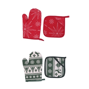 Christmas oven mitts and pot holders set with reindeer and geometric star patterns