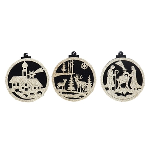 Set de tres adornos navideños en negro y dorado con renos y escenas del nacimiento