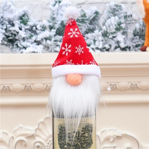 Christmas gnome wine bottle cover with red snowflake hat and white faux beard decor
