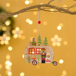 Festive wooden nutcracker camper ornament for Christmas tree with warm bokeh background