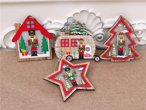 Detail of wooden Nutcracker Christmas ornaments with rustic jute rope for festive decor