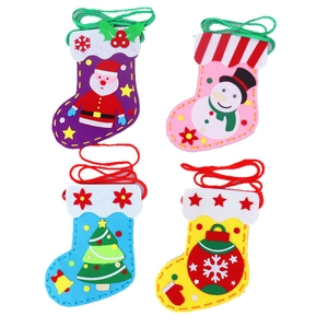 Set of four colorful felt Christmas stockings with Santa, snowman and tree hanging ornaments
