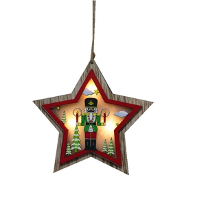 Lighted wooden star ornament with Nutcracker soldier painting and warm LED for Christmas