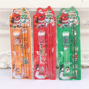 5-piece Christmas stationery set with pencils and eraser in festive holiday packaging