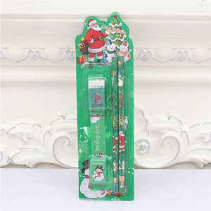 5-piece Christmas stationery set with pencils, ruler and eraser in festive green design