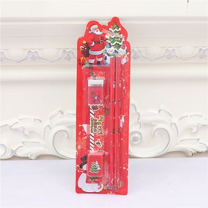 5-piece Christmas stationery set with pencils and ruler in festive red packaging