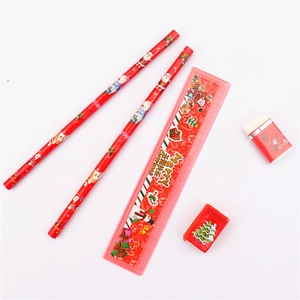 Christmas Stationery Supplies Including Pencils Ruler Eraser And Sharpener Cartoon Santa Snowman Patterns Kids Holiday Gift
