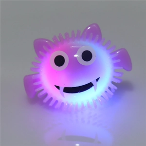 Détail d'une bague monstre LED violette avec pointes souples brillant sur blanc