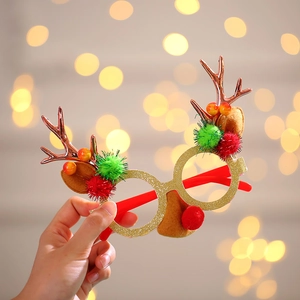 Lunettes de Noël renne scintillantes avec bois dorés et pompons festifs colorés