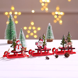 Christmas Sleigh Desktop Ornament Wooden DIY Assembly Santa Snowman Reindeer Festive Holiday Decoration Small Gift