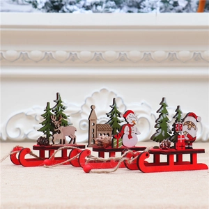 Detailed view of DIY wooden Christmas sleigh ornaments with reindeer and Santa figures
