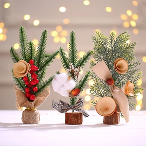 Mini Christmas Tree Artificial Desktop Ornament PVC Wood Burlap Tabletop Decoration Rural Farmhouse Style Berry Cotton