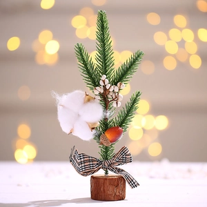 25cm mini Christmas tree with cotton flower and plaid bow on round wood base