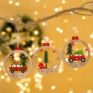 Christmas Hanging Ornaments Wooden Laser Cut Hollow Round Painted Reindeer Car Tree Decorative Festive Home Party Favors