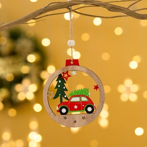Round wooden Christmas ornament with red car design hanging on tree branch