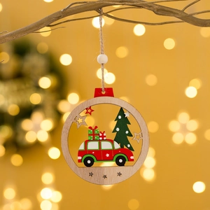 Hollow wooden Christmas ornament featuring a red car and tree hanging on a branch