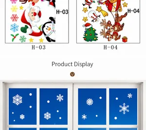 Detail display of Santa and reindeer Christmas window stickers with white snowflake patterns
