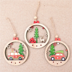 Three hollow wooden Christmas ornaments with car and deer designs on burlap background