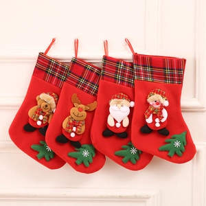 Christmas Stocking Hanging Gift Bag Red Flannel Felt Cartoon Santa Snowman Reindeer Bear Plaid Trim Holiday Decor