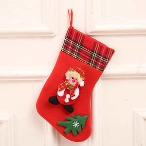 Classic red Christmas stocking with 3D snowman and plaid cuff for holiday decor