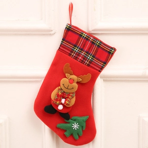 Classic red velvet Christmas stocking with plaid trim and 3D plush reindeer decoration