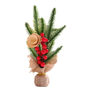 25cm mini Christmas tree with red berries, cream flowers and rustic burlap base