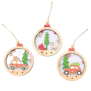 Three-piece set of wooden Christmas tree ornaments with red cars and reindeer patterns