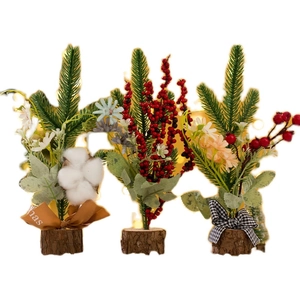 Mini Christmas tree set with red berries and cotton on rustic wood bases for desk decor