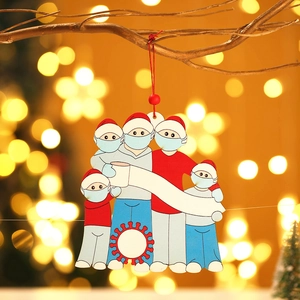 Family of five wooden Christmas tree ornament with masks and DIY name banner