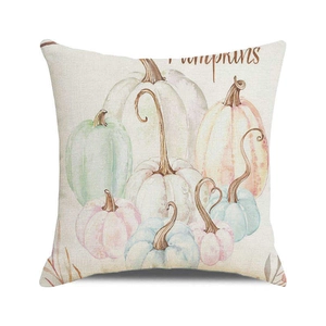 Detailed texture of linen pillowcase with watercolor pumpkin print and Pumpkins text