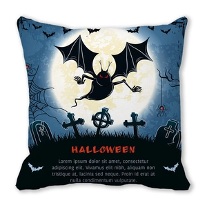 Halloween peach skin pillow cover featuring a black cat, bats, and moonlit cemetery