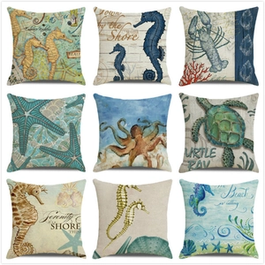 Housse de Coussin en Lin Animaux Marins Aquarelle Hippocampe Étoile de Mer Tortue Décorative pour Canapé Salon Décoration Maison