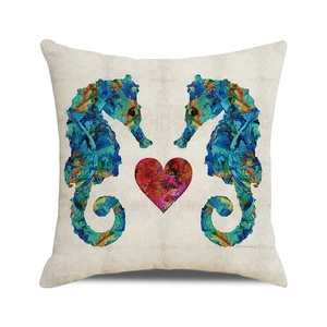 Housse de coussin aquarelle hippocampe et cœur en tissu mélangé de lin texturé