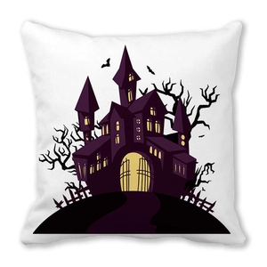 Halloween-Kissenbezug mit Aquarell-Geisterhaus, Fledermäusen und Schloss aus Pfirsichhaut