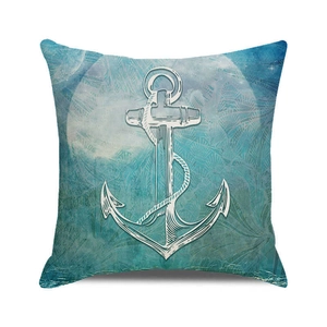 Vintage nautical throw pillow cover with white anchor design on teal linen texture