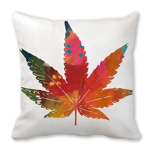 Detailed texture of square pillowcase featuring colorful watercolor artistic hemp leaf patterns