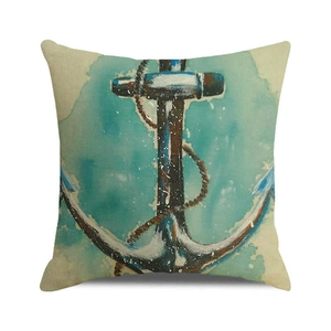 Vintage nautical anchor throw pillow cover with blue watercolor style on linen fabric