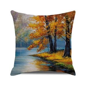 Detail of artistic autumn lakeside oil painting print on a square decorative pillow case