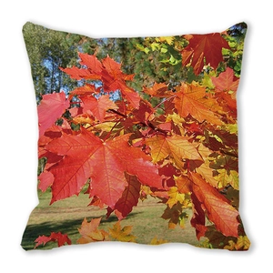Watercolor autumn maple leaf print cushion cover on peach skin fabric for home decor