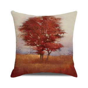 Fall themed square pillow cover featuring an oil painting of a red maple tree on linen fabric