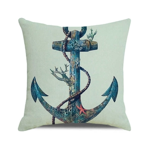 Vintage nautical anchor cushion cover with starfish on light green linen fabric